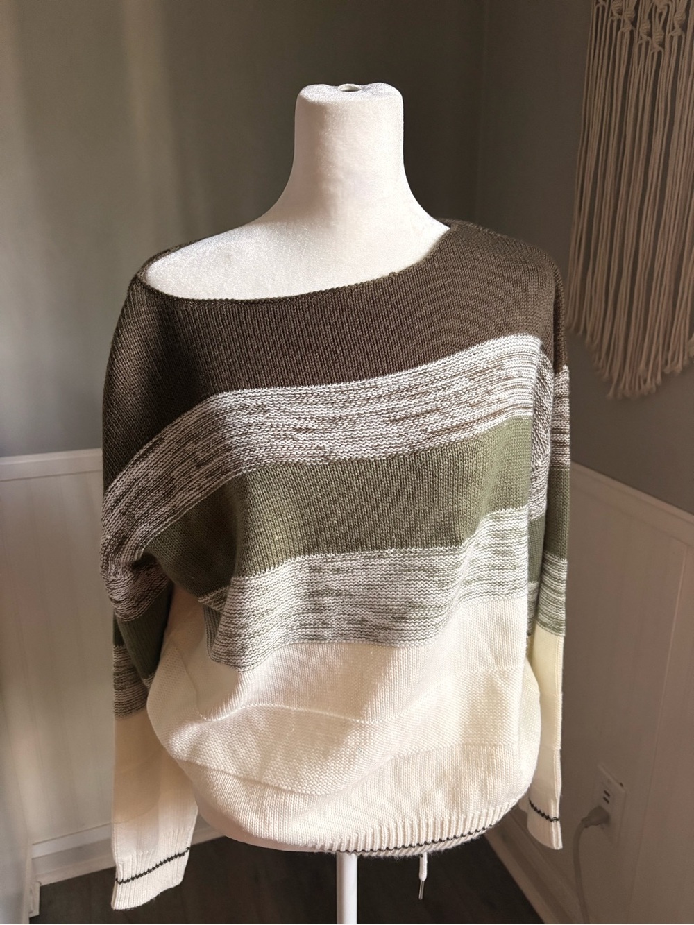 Striped Off-Shoulder Knit Sweater in dark+light Olive, white and Cream